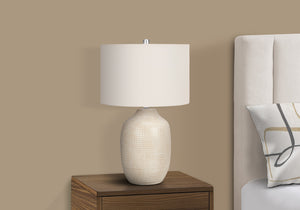 English Elm Lighting, Cream Ceramic 26" Table Lamp with Ivory Linen Drum Shade, Ginger Jar Style, 3-Way Dimmer, 5ft Cord B2710P220120