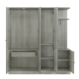 English Elm 4-Door Wardrobe with Full-Length Mirror, Dust-Proof Compartments, Shoe Door & Anti-Tip Safety Features Gray N820S00056E