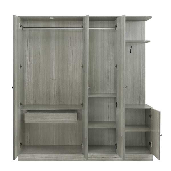 English Elm 4-Door Wardrobe with Full-Length Mirror, Dust-Proof Compartments, Shoe Door & Anti-Tip Safety Features Gray N820S00056E