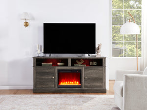 English Elm Terra 74" Gray Walnut Fireplace TV Stand Console with Heater, Flames, Cabinets & Shelves B061P352457