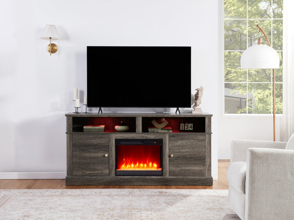 English Elm Terra 74" Gray Walnut Fireplace TV Stand Console with Heater, Flames, Cabinets & Shelves B061P352457