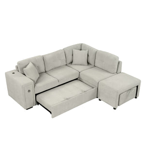 English Elm 86.6" Sectional Sofa L-Shaped Pull-Out Sofa Bed with Ottoman, USB Ports, Cup Holders & Chenille Comfort Grey N719S001560E