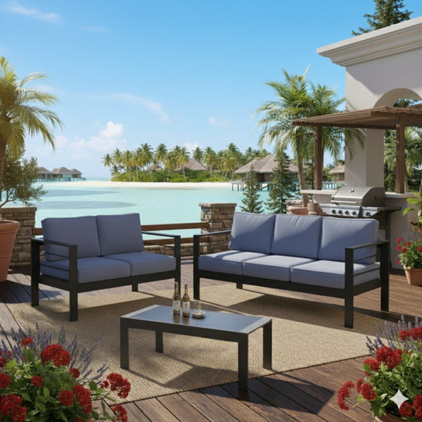 English Elm 3-piece Outdoor Aluminum Conversation Set with Deep Cushions and Wpc Coffee Table Blue B082S00095