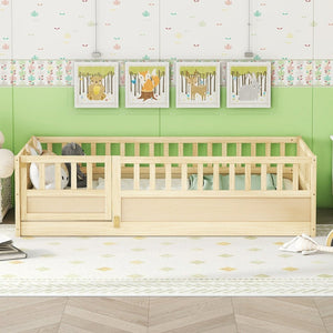 English Elm Twin Size Montessori Floor Bed With High Security Barrier & Child-Friendly Door - Natural Wood W1858P195272-GIGA