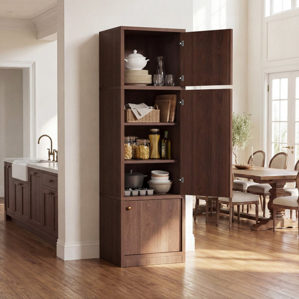 English Elm Tall Slim Freestanding Pantry Cabinet with Adjustable Shelves and Drawer for Small Spaces Walnut B2764P483842