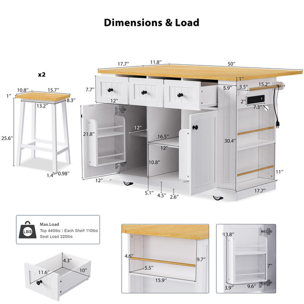 English Elm K&K 53" Large Kitchen Island with 2 Stools, Built-In Power Station, Wheels, Drop Leaf & Ample Storage White N707S000007W