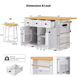 English Elm K&k 53 Inch Kitchen Island Set with Bar Stools Power Outlet Drop Leaf and Storage White N707S003007W