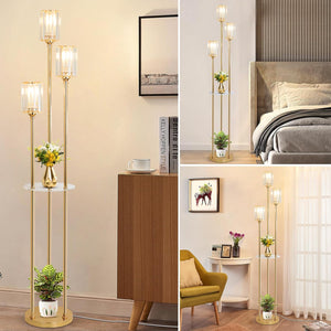 English Elm Gold Crystal Floor Lamp with Dual Shelves, Brass Mid-Century Standing Light, Foot Switch, 66" Tall W2738P400603