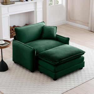 English Elm Single Deep Seat Sofa with Footstool and Pillow in Plush Corduroy, Retro Chic Comfort for Living Spaces Green W714S00698