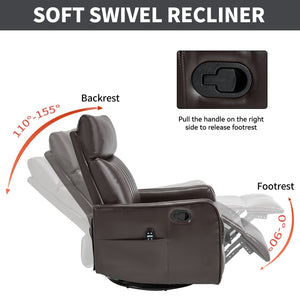 English Elm Blue Fabric Swivel Rocker Recliner with Massage Heat Nodes for Living Room Comfort Brown Pu W1803P321813