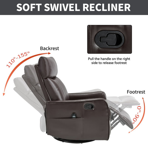 English Elm Blue Fabric Swivel Rocker Recliner with Massage Heat Nodes for Living Room Comfort Brown Pu W1803P321813