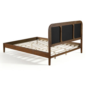 English Elm Queen Solid Acacia Platform Bed Curved Beige Upholstered Headboard Brown Oak Finish N758Q517071N