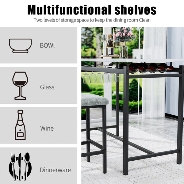 English Elm Modern Bar Table Set for 2 with Marble-Style MDF Top, Sturdy Steel Frame, Cushioned PU Chairs, Grey/Black Finish W578P150070