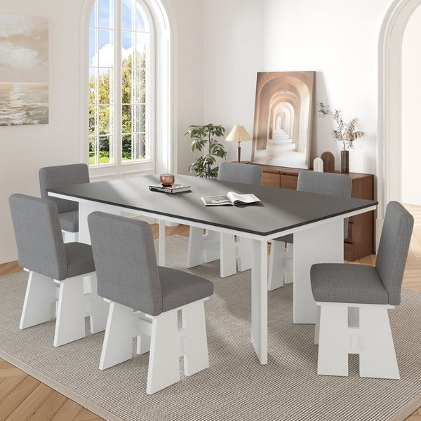 English Elm Topmax Contemporary Six Seat Rubberwood Dining Set with Linen Upholstered Chairs SP000077AAE