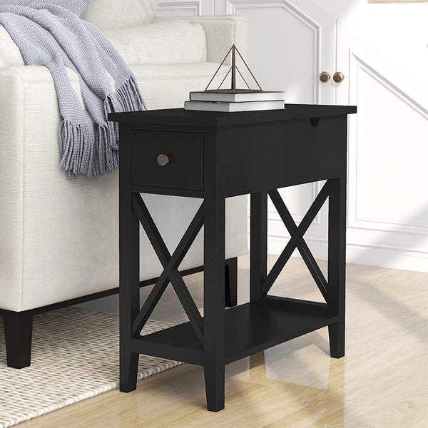 English Elm 2-Drawer Flip Top End Table with Drawer and Shelf, Narrow Accent Nightstand for Small Spaces Black T3771P356720