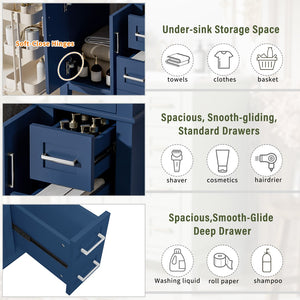 English Elm 30" Freestanding Bathroom Vanity Ceramic Sink Soft Close Cabinet Gray Wood Frame Blue N729P427118C