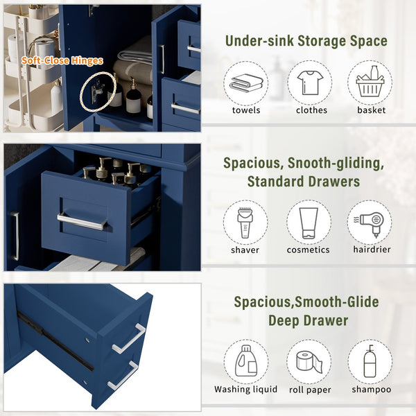 English Elm 30" Freestanding Bathroom Vanity Ceramic Sink Soft Close Cabinet Gray Wood Frame Blue N729P427118C