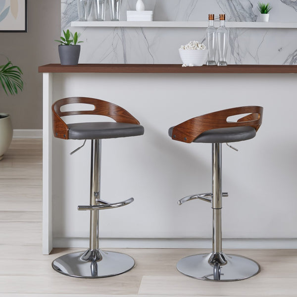 English Elm Adjustable Swivel Barstools with Chrome Base Walnut Accents and Grey Faux Leather Set of 2 B202S02167