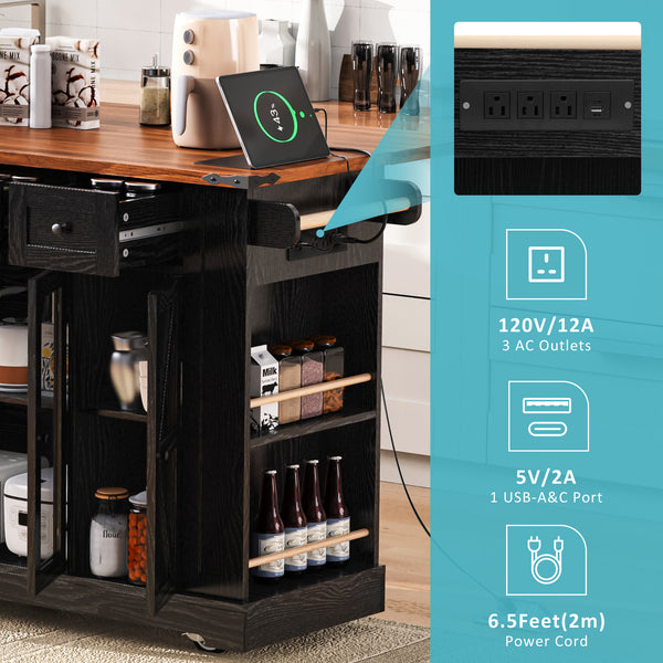 English Elm K&K 53" Farmhouse Kitchen Island with Drop Leaf, Tempered Glass Doors, Power Outlet, Rolling Cart Black N707P263637B