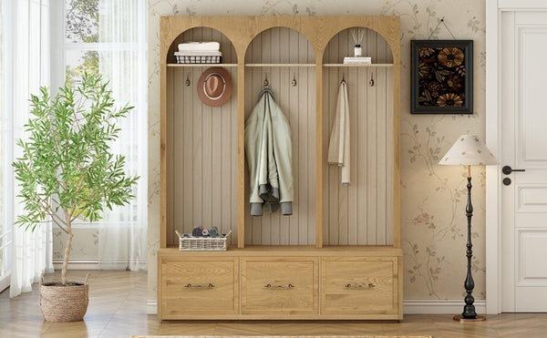 English Elm Farmhouse Hall Tree with Triple Arch Back Panel Eight Hooks Drawers and Entryway Bench N721S000071L