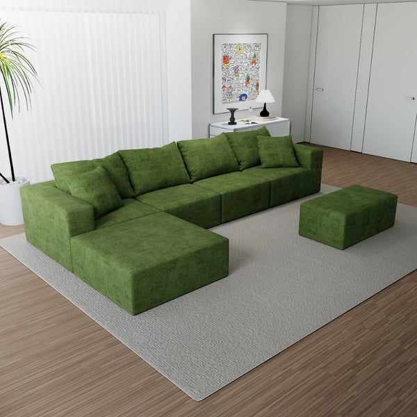 English Elm Modular Cloud Sectional Sofa with Corduroy Upholstery and Two Ottomans for Living Room W3341S00004