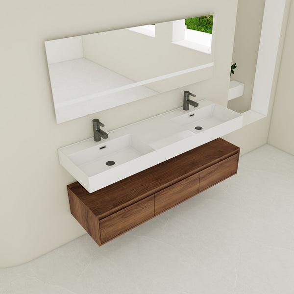English Elm 60 Inch Wall-Mounted Bathroom Vanity With Dual Resin Sinks, Soft-Close Drawers & Modern Elegance W999S00259