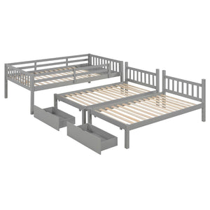 English Elm Full Over Twin Triple Bunk Bed Pine Wood Frame with Storage Drawers and Guardrails LT000343AAE-1