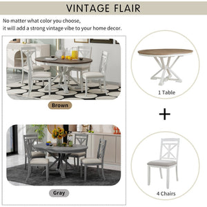 English Elm Trexm Retro Extendable Round Dining Set with Four Linen Upholstered Chairs Rubberwood Brown + Antique White ST000141AAD-2026