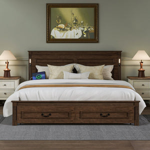 English Elm King Pine Wood Storage Bed with Led Lighting Usb Charging Tall Panel Headboard Walnut W504S00270