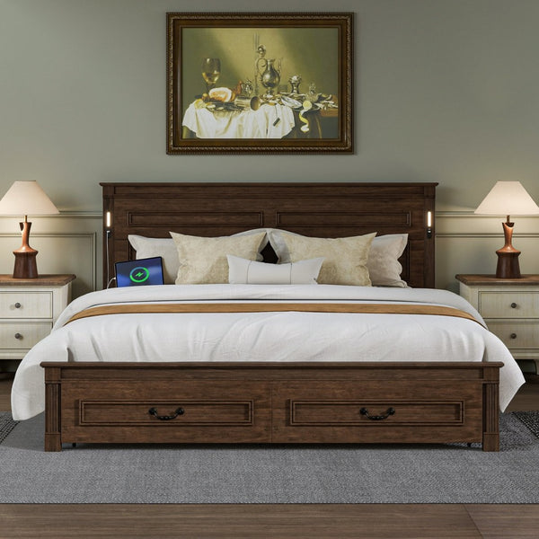 English Elm King Pine Wood Storage Bed with Led Lighting Usb Charging Tall Panel Headboard Walnut W504S00270