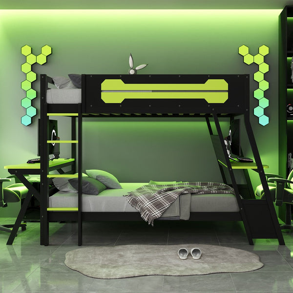 English Elm Full Size Gaming Bunk Bed with Dual Desks Usb Charging Ports and Pegboard Storage Green LT000274AAG
