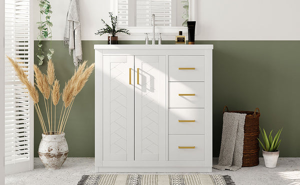 English Elm 30'' Elegant Bathroom Vanity Set With Ceramic Sink, Soft-Close Drawers & Retro Design For Storage N710P191947K