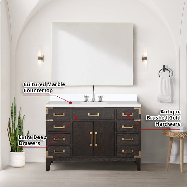 English Elm Brown Oak Single Bath Vanity 48" W x 22" D with Cultured Marble Top, Chrome Faucet & 46" Mirror B2731S02016