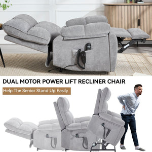 English Elm Beige Chenille Power Lift Recliner Dual Motor Massage Heat 350 Lb Capacity Gray W1803P264031