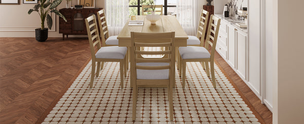 English Elm 7 Extendable Dining Table Set with 18" Leaf and 6 Upholstered Chairs — Rustic Farmhouse 60–78" Wood Veneer Table Natural N752S000090N