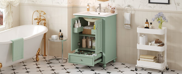 English Elm 24'' French Style Bathroom Vanity with Ceramic Sink Soft Close Cabinet and Drawer Green N710P411227F