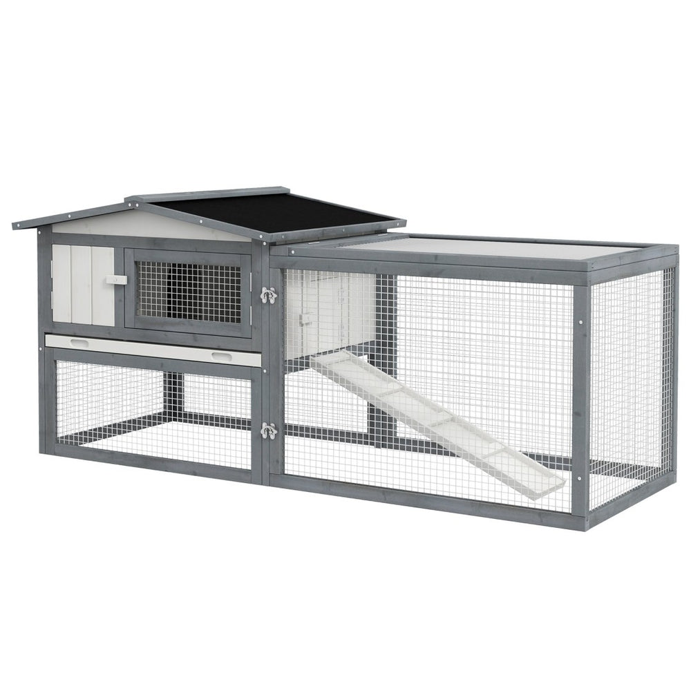 English Elm Pawhut Two-tier Fir Wood Rabbit Hutch Outdoor Run with Asphalt Roof and Feeding Trough W2225P173747