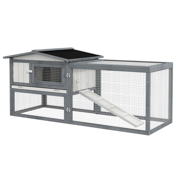English Elm Pawhut Two-tier Fir Wood Rabbit Hutch Outdoor Run with Asphalt Roof and Feeding Trough W2225P173747