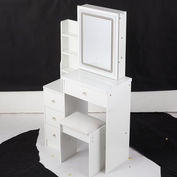 English Elm 29.2" Compact Vanity Set With Touch-Control Led Mirror, Stylish Stool & Ample Storage For Small Spaces W936P226033