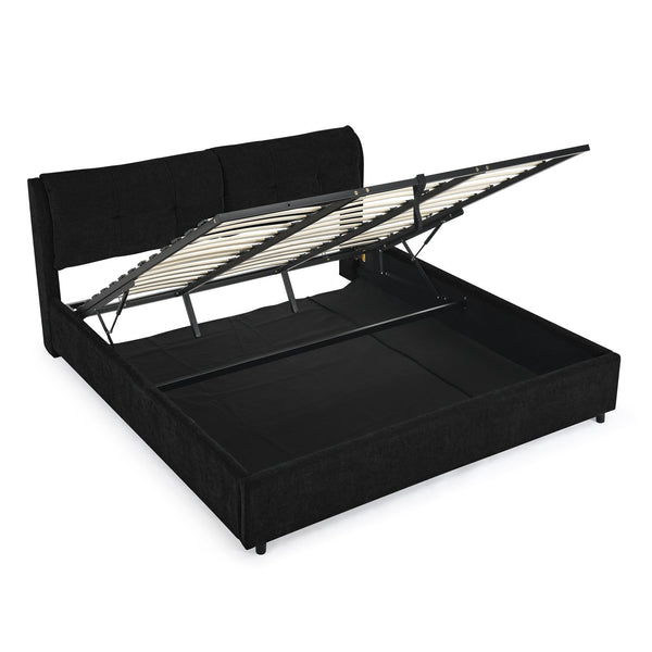 English Elm King Size Hydraulic Platform Bed With Integrated Headboard - Stylish Chenille Upholstery, Black W1413S00116