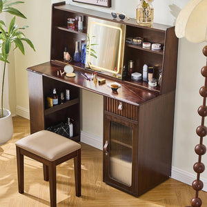English Elm Elegant Walnut Makeup Vanity with Sliding 3-Color LED Mirror, Large Shelves, Fluted Drawer & Cabinet N844P257533W