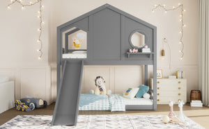 English Elm Full Bunk Bed with Trundle Bookshelf Storage Pine Frame Car Design for Kids Gray W1580S00465
