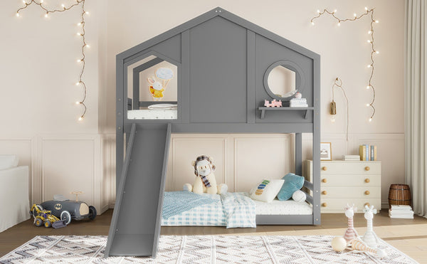 English Elm Full Bunk Bed with Trundle Bookshelf Storage Pine Frame Car Design for Kids Gray W1580S00465