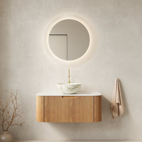 English Elm Dina Floating Bathroom Vanity Sintered Stone Top Glass Basin Striped Plywood Cabinet W2615S00694