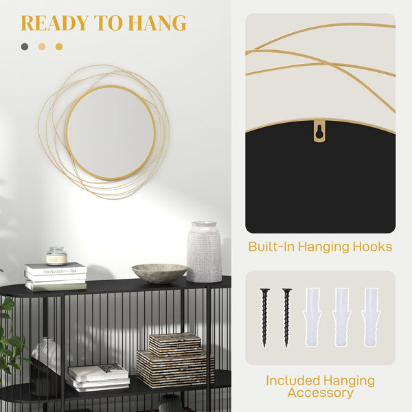 English Elm HOMCOM Round Metal Wall Mirror with Asymmetrical Frame, Thick Glass Reflective Art for Living Room Bedroom Dining Room Gold W2225P217274