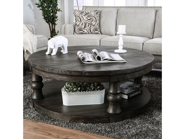 English Elm Rustic Round Wooden Coffee Table 48" Dia x 20" H with Weathered Finish, Turned Legs, Open Shelf and Button-Tufted Beige Linen Top Antique Grey 51 L x 51 W x 13 H B2741P357495