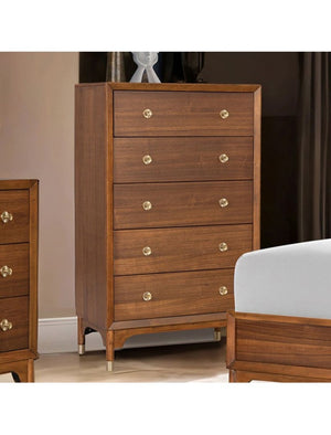 English Elm 1pc Walnut Tall Chest Five Drawers Gold-capped Legs Mid-century Bedroom Storage B2741P446675