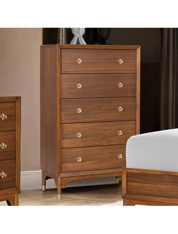 English Elm 1pc Walnut Tall Chest Five Drawers Gold-capped Legs Mid-century Bedroom Storage B2741P446675