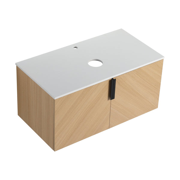 English Elm 36" Wall Mounted Vanity with Artificial Stone Top, Soft-Close Doors, Oak Finish, Durable Plywood W999P373498