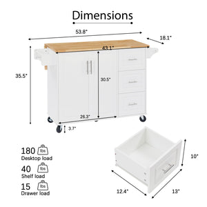 English Elm Kitchen Island Cart with Drop-Leaf Rubberwood Countertop, Rolling Tower Rack, Drawers & Spice Storage White W1820P195005